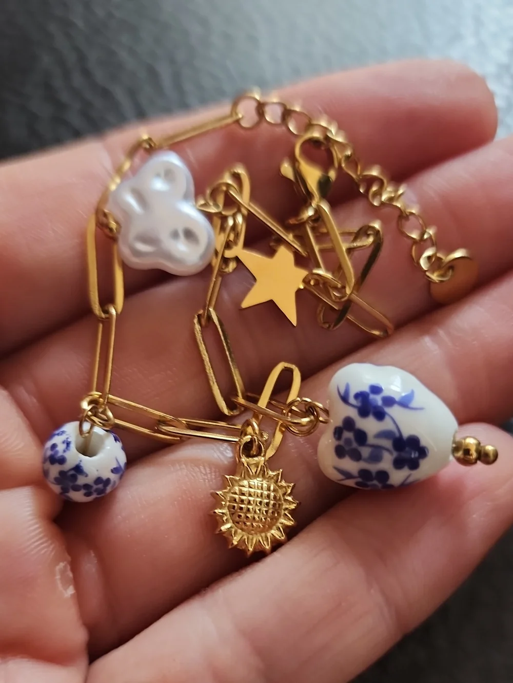 Gold Tone Stainless Steel Chain Bracelet with Blue Floral Porcelain Charms